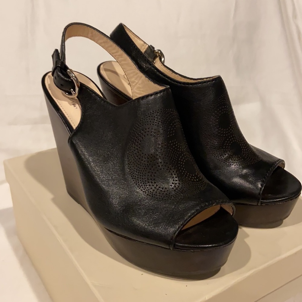 Coach black leather wedge sling backs w/ silver 7